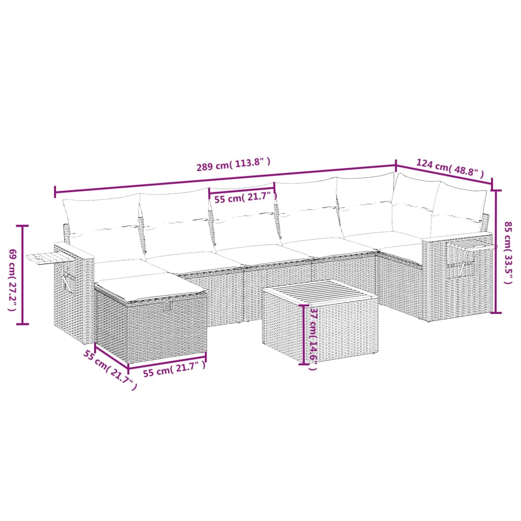 Set De Sofás De Jardín 8 Pzas Y Cojines Ratán Sintético Gris / Vetonek_3
