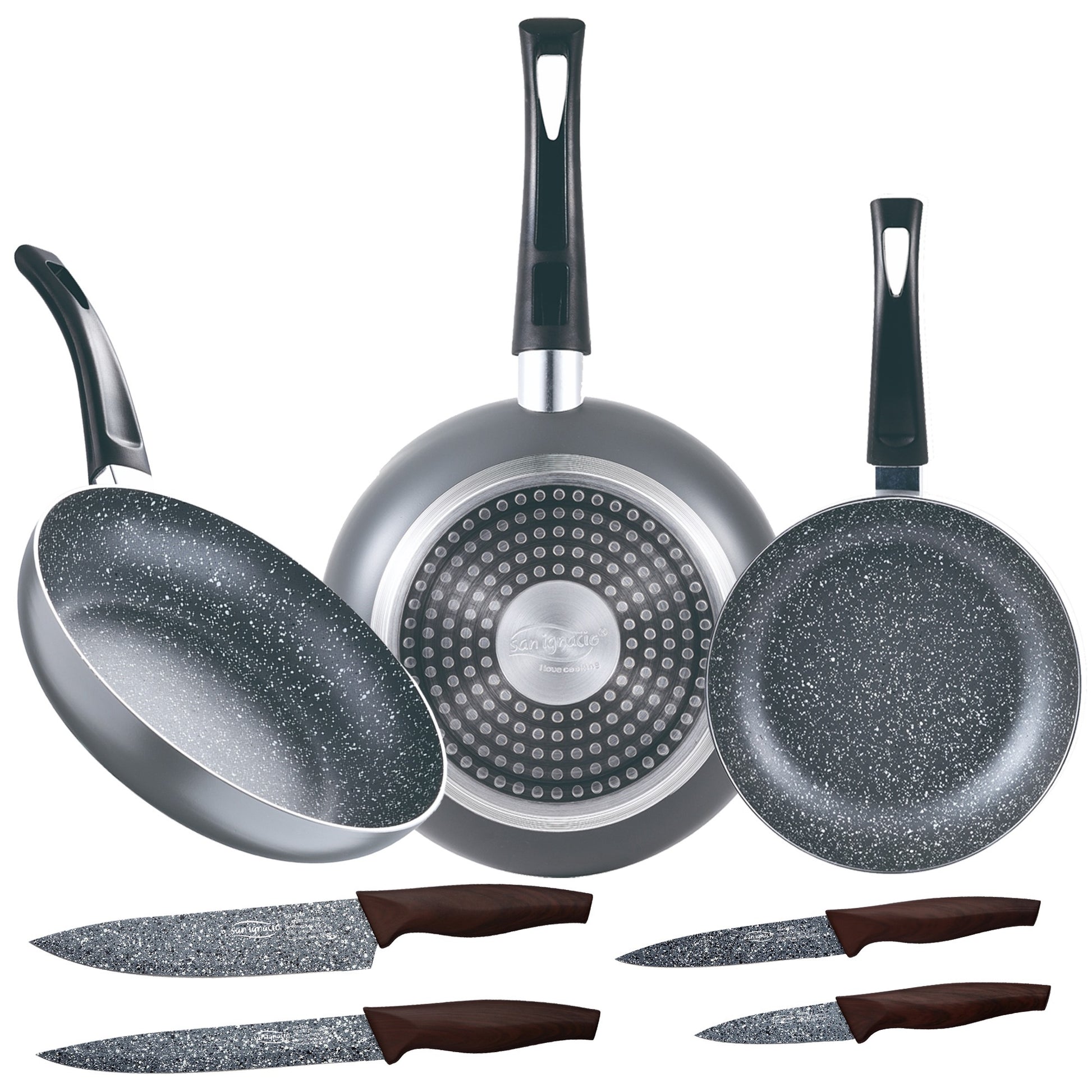 Set 3pc Sarten (16+20+24cm) Aluminio Prensado, Inducción, Negra Soul Marble Con Set 4pc Cuchillos Acero Inoxidable_0