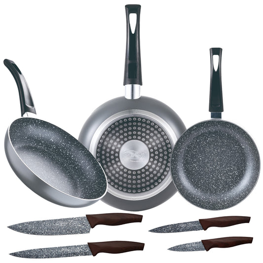Set 3pc Sarten (16+20+24cm) Aluminio Prensado, Inducción, Negra Soul Marble Con Set 4pc Cuchillos Acero Inoxidable_0
