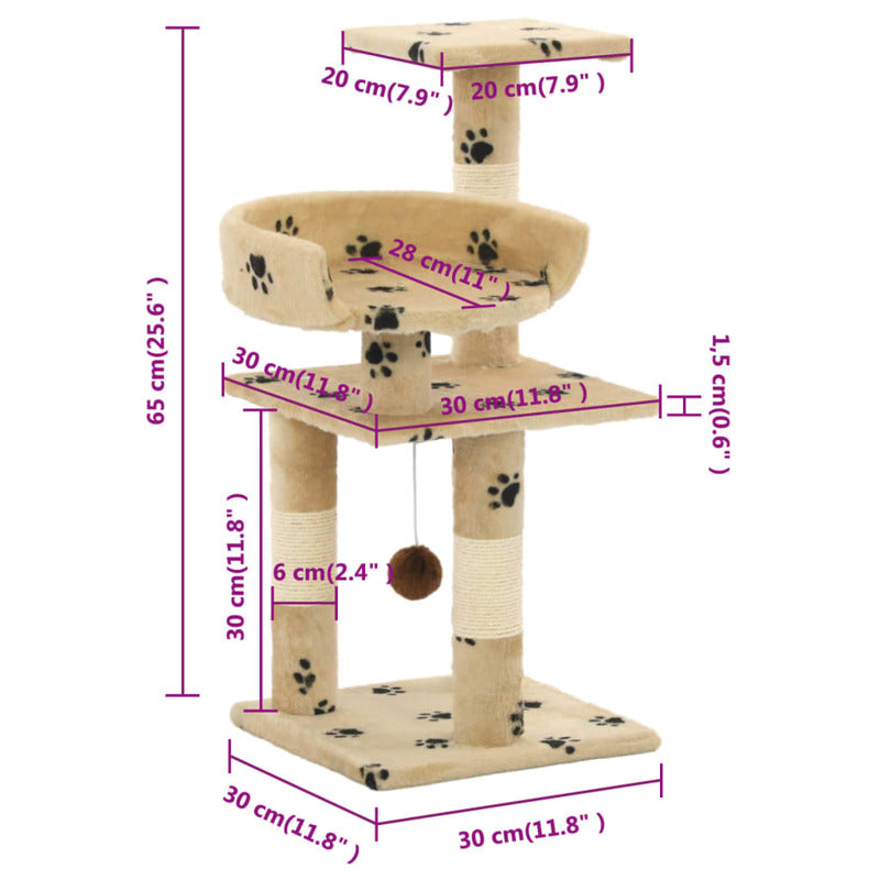 Vidaxl Rascador Para Gatos Poste De Sisal 65 Cm Huellas Beige_5