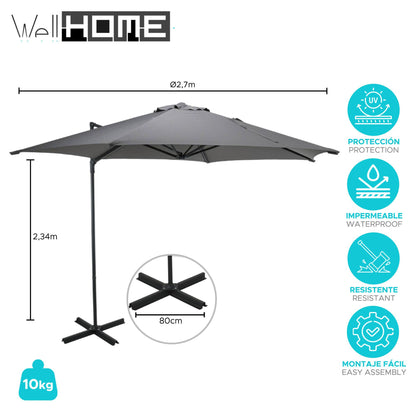 Well Home - Sombrilla Colgante Push Up Ø270cm Gris Claro Con Base De Acero Cruzado