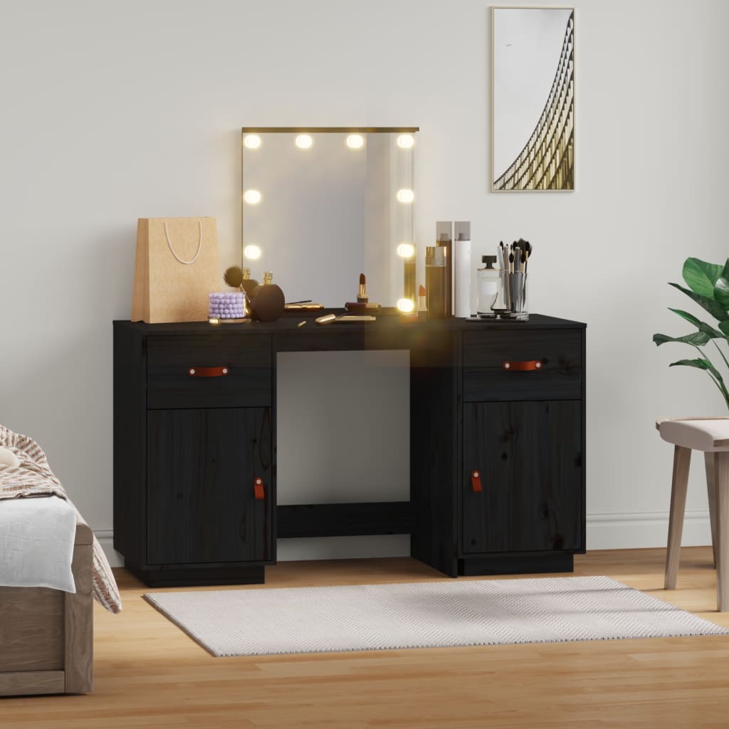Juego De Tocador Con Led Madera Maciza De Pino Negro_2