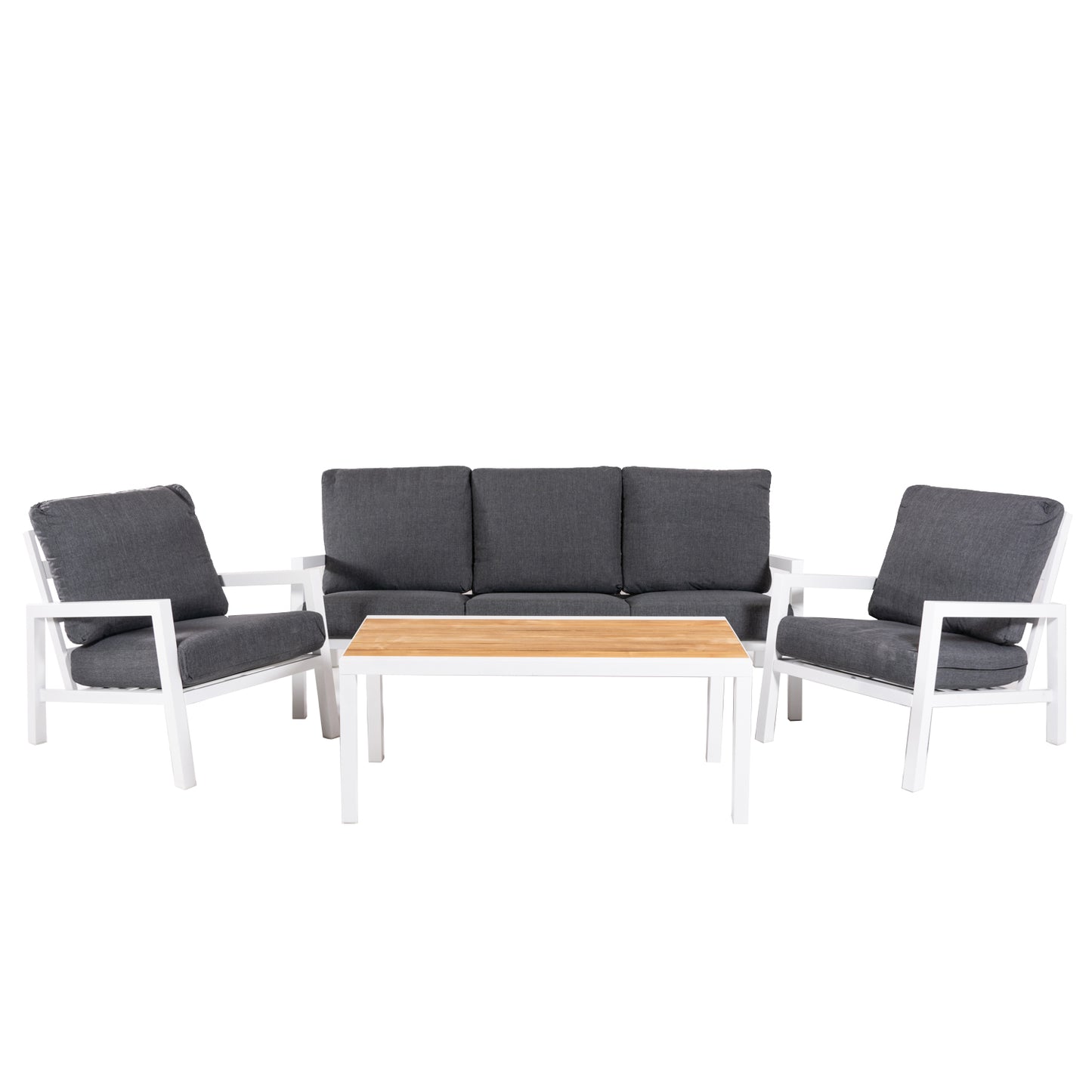 Conjunto De Sofás De Jardín, Mesa Con Tablero De Madera Y Aluminio + 2 Sillones + 1 Sofá De 3 Plazas, Color Blanco_0