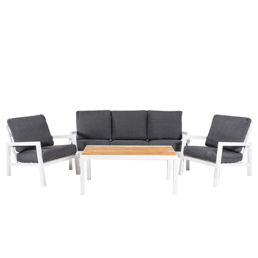Conjunto De Sofás De Jardín, Mesa Con Tablero De Madera Y Aluminio + 2 Sillones + 1 Sofá De 3 Plazas, Color Blanco_0