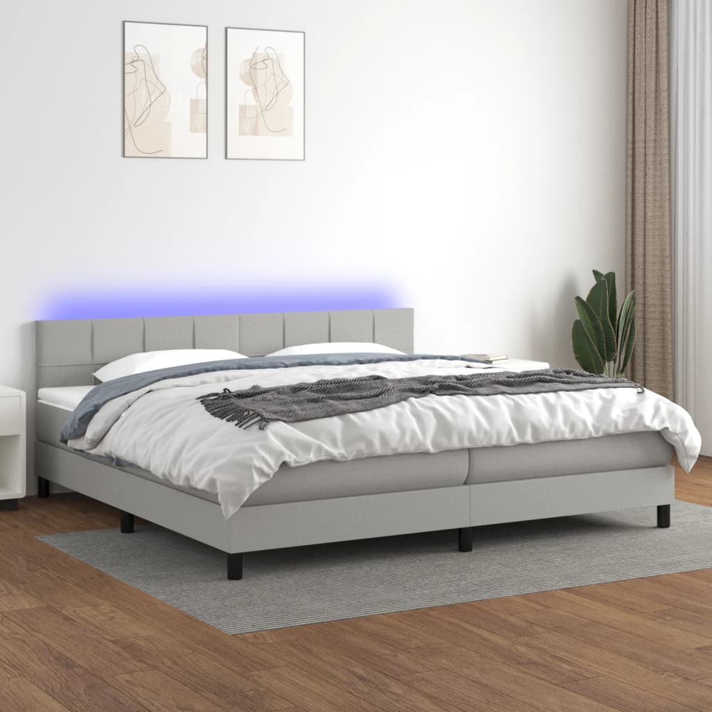 Cama Box Spring Con Colchón Tela Y Led Gris Claro 200x200 Cm / Vetonek_2