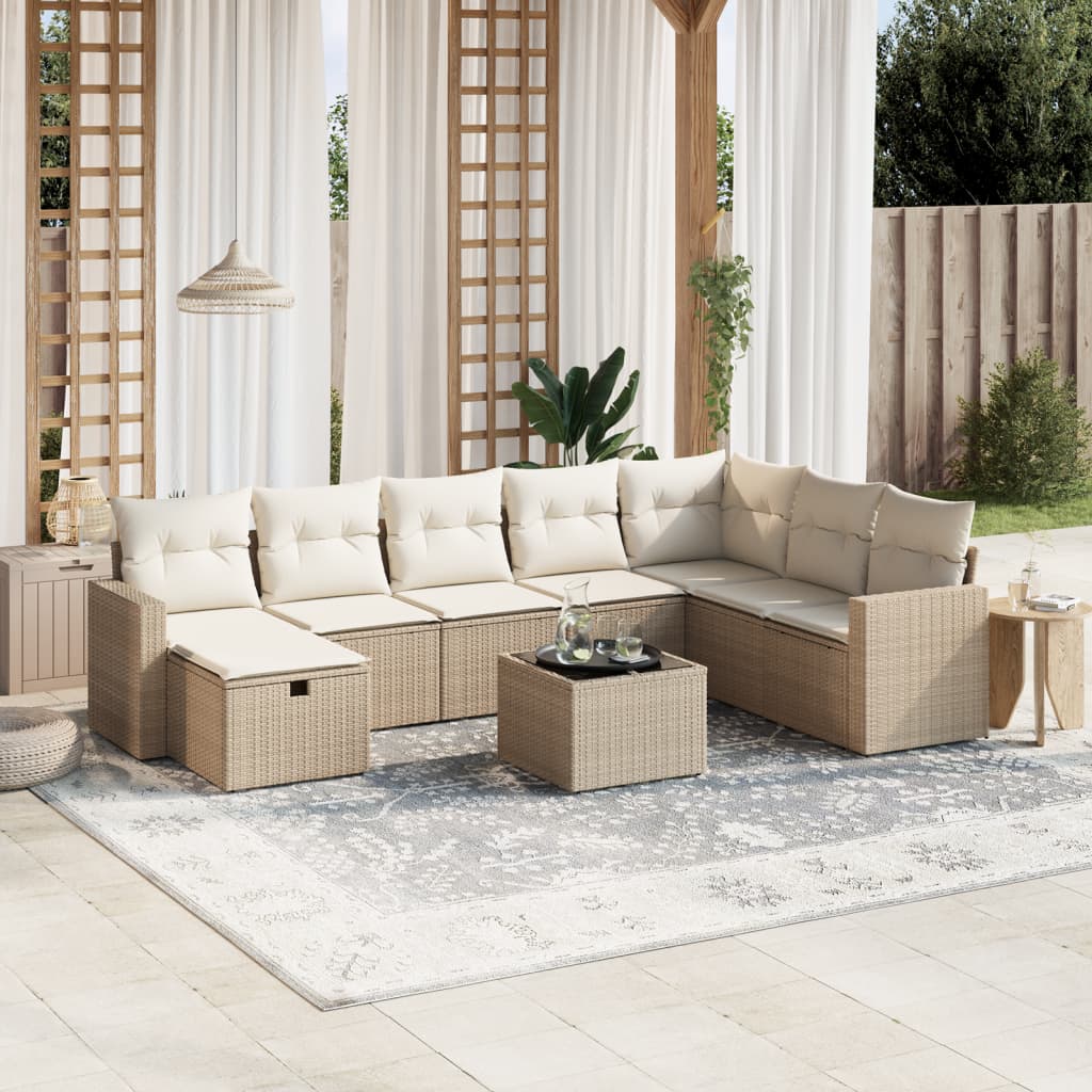 Set De Sofás De Jardín 9 Pzas Con Cojines Ratán Sintético Beige / Vetonek_1