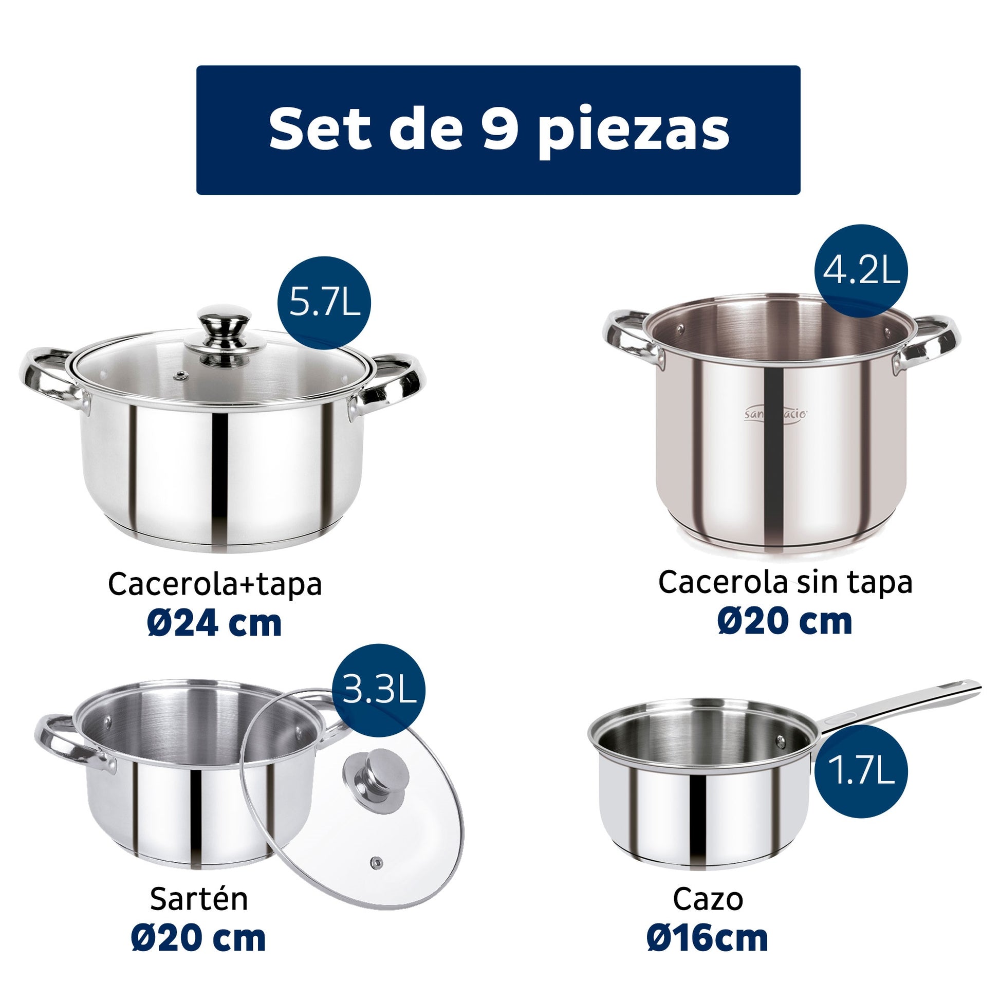 Set 9pc Bateria Cocina Acero Inox Ind Lexia
