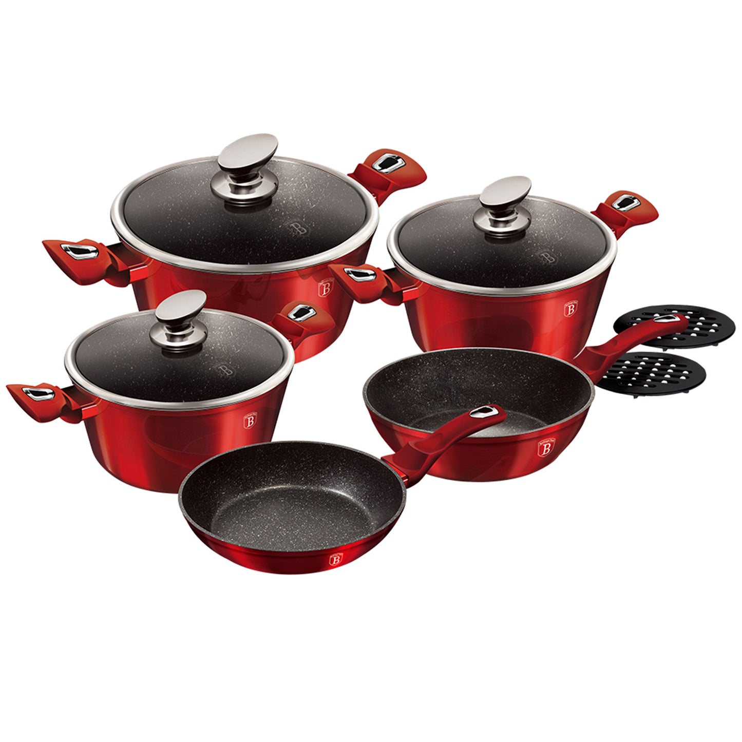 Batería Cocina Inducción 10 Piezas, Antiadherente Mármol Sin Pfoa, Aluminio, Cazuelas Sartenes Berlinger Haus Burgundy Rojo