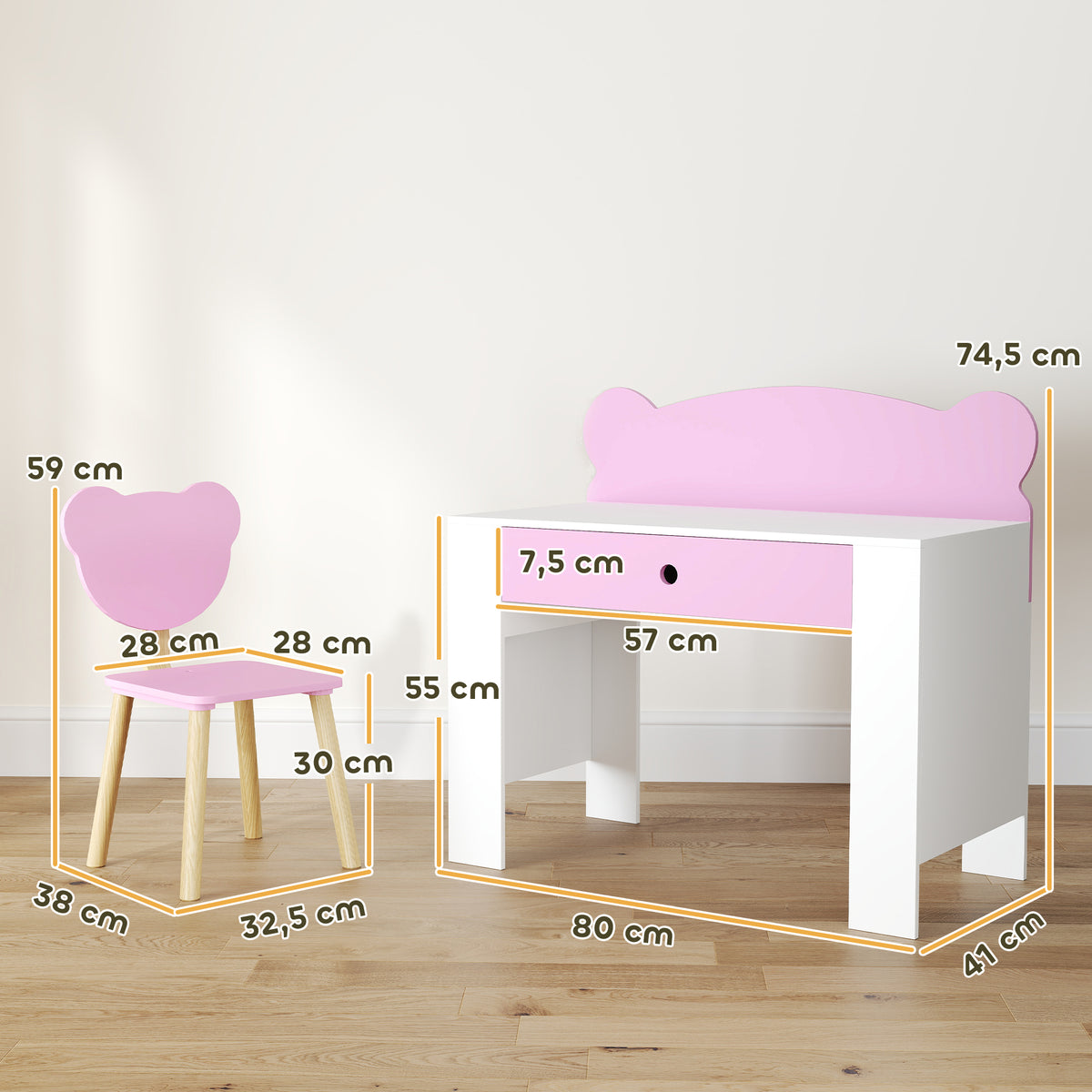 Secretária E Cadeira Para Crianças Aiyaplay Mdf E Madeira De Pinho Rosa 80x41x74,5 Cm_2