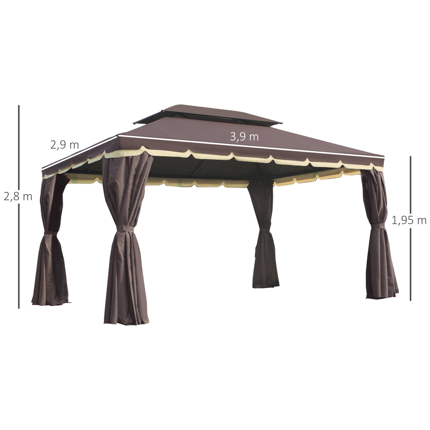 Outsunny Cenador De Jardín 4x3 M Con Doble Techo 4 Cortinas 4 Mosquiteras Café_2