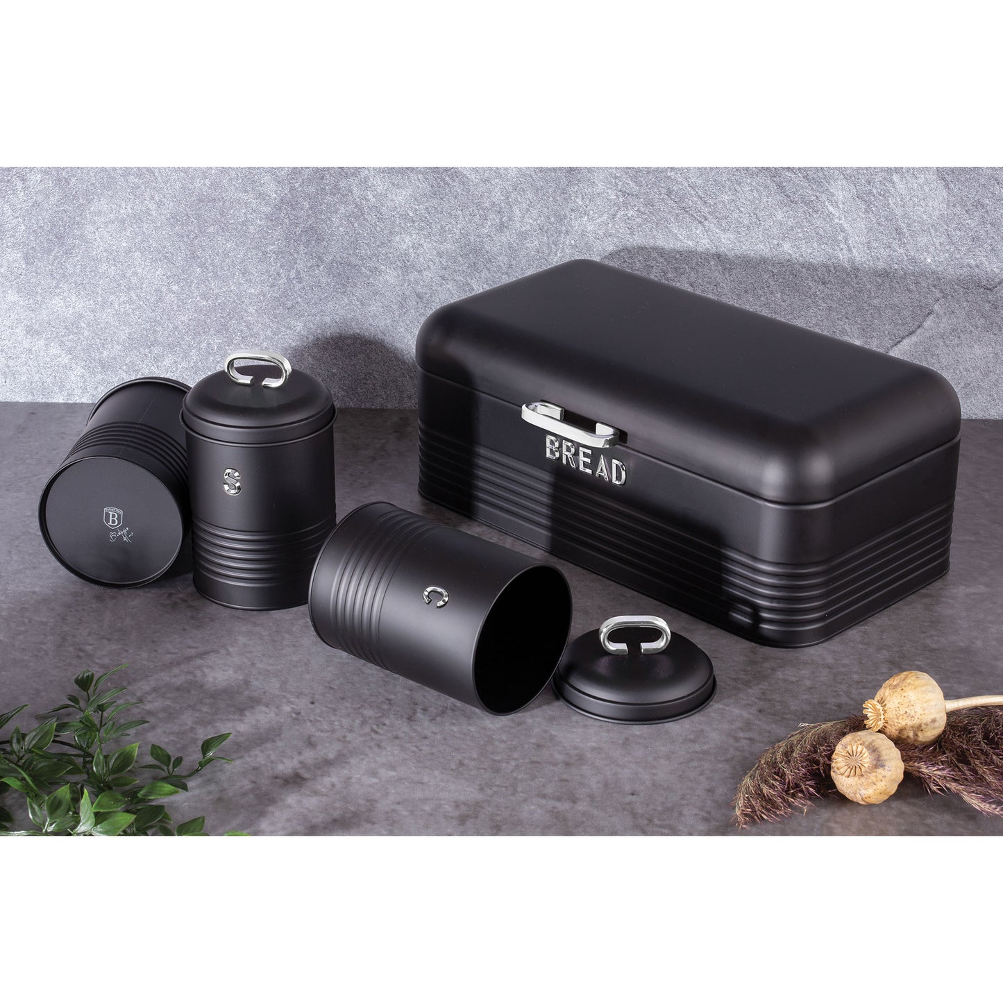 Panera De Mesa +juego 3 Botes Cocina Almacenaje Acero Inoxidable Contenedor De Pan  Con Tapa Berlinger Haus Black Silver, Acero Inoxidable / Negro_2
