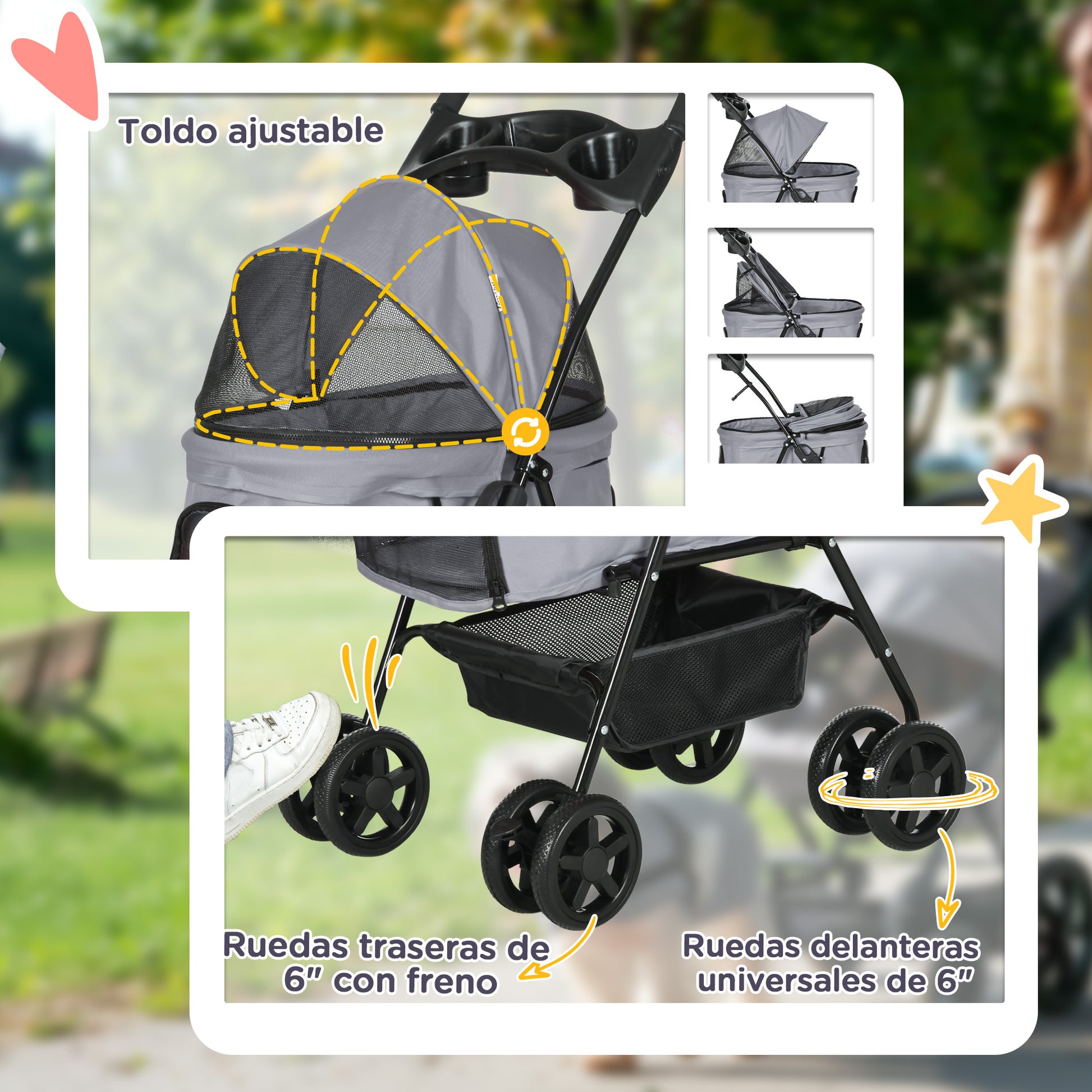 Pawhut Cochecito Para Perros Plegable Con Ruedas Universales 67x45x96 Cm Gris_5