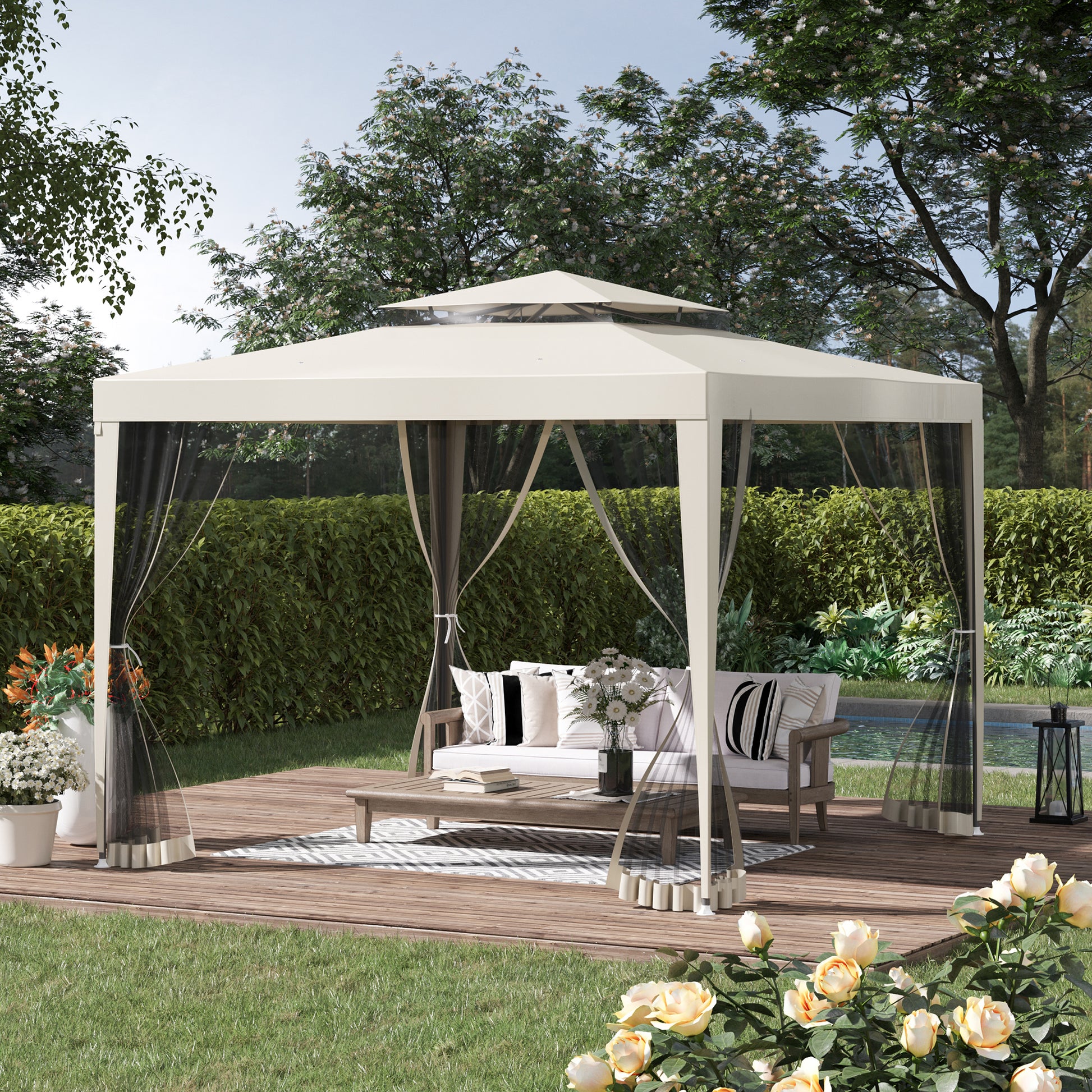 Outsunny Carpa De Jardín 3x3 M Con 4 Mosquiteras Y Techo De Ventilación Beige_1