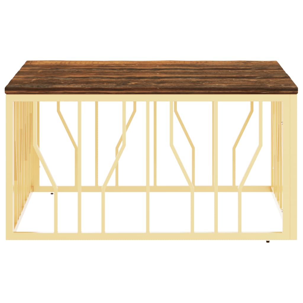 Mesa De Centro Acero Inoxidable Madera Maciza Reciclada Dorada_1