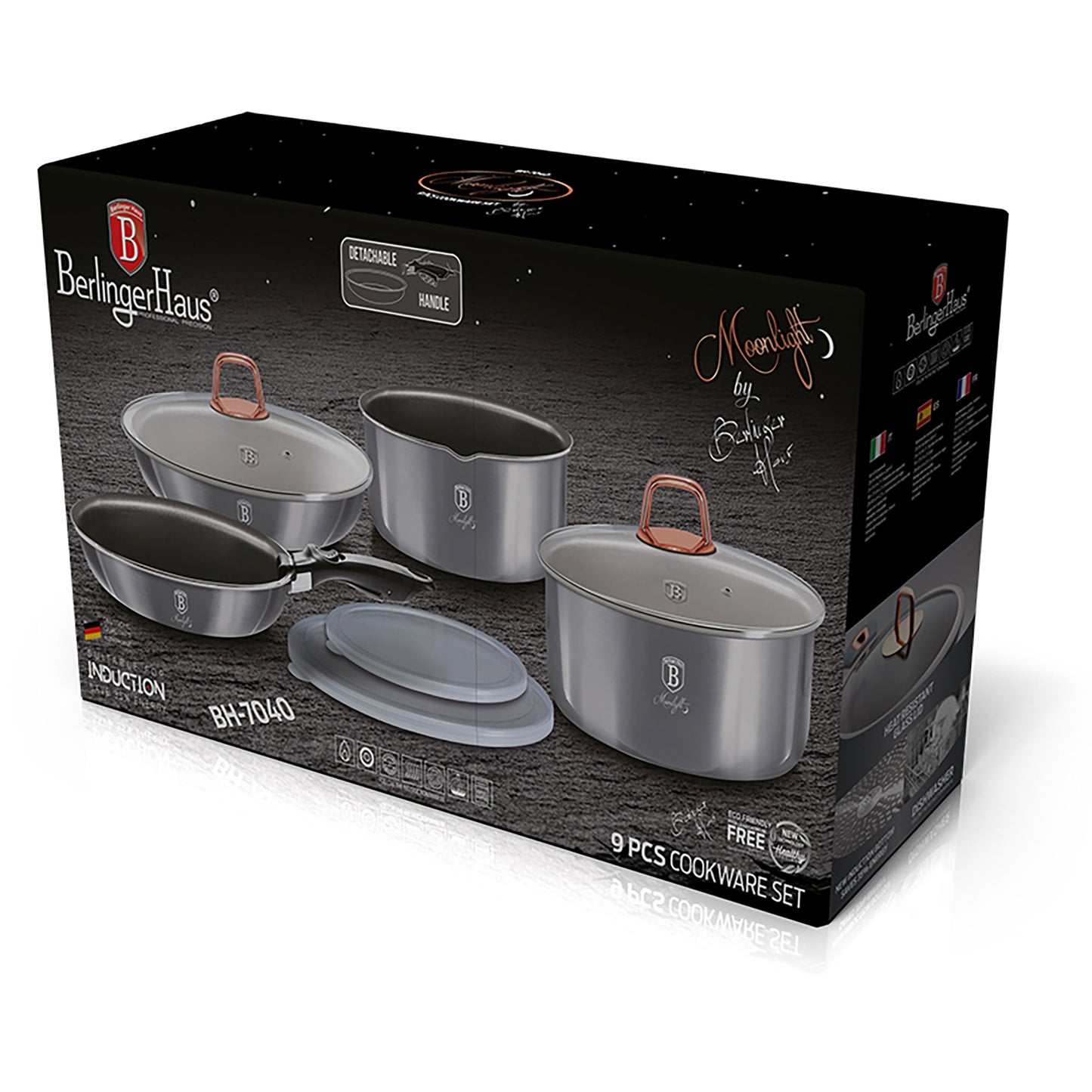 Batería De Cocina Aluminio Forjado 9 Piezas, Inducción, Asa Extraíble, Cazuelas Apilables Tapas Berlinger Haus Moonlight Gris