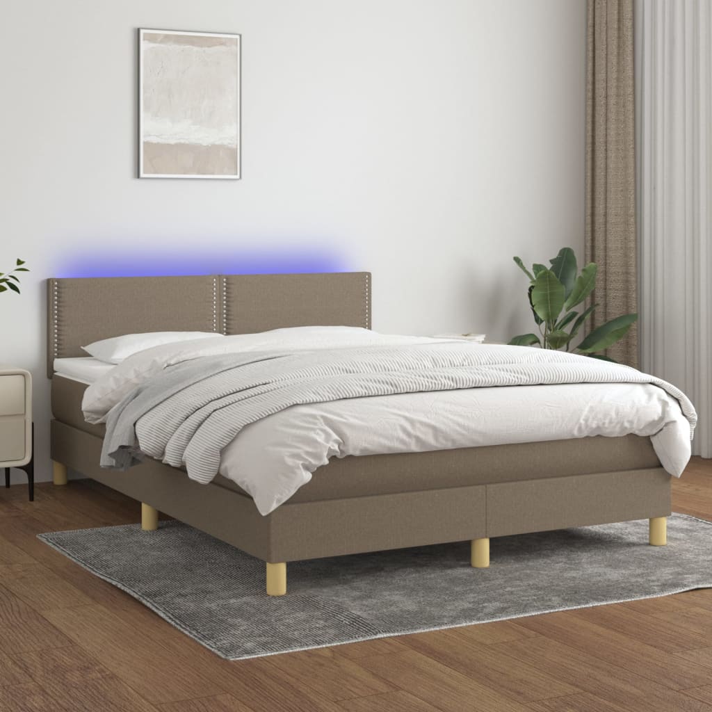 Cama Box Spring Colchón Y Luces Led Tela Gris Taupe 140x190 Cm / Vetonek_1