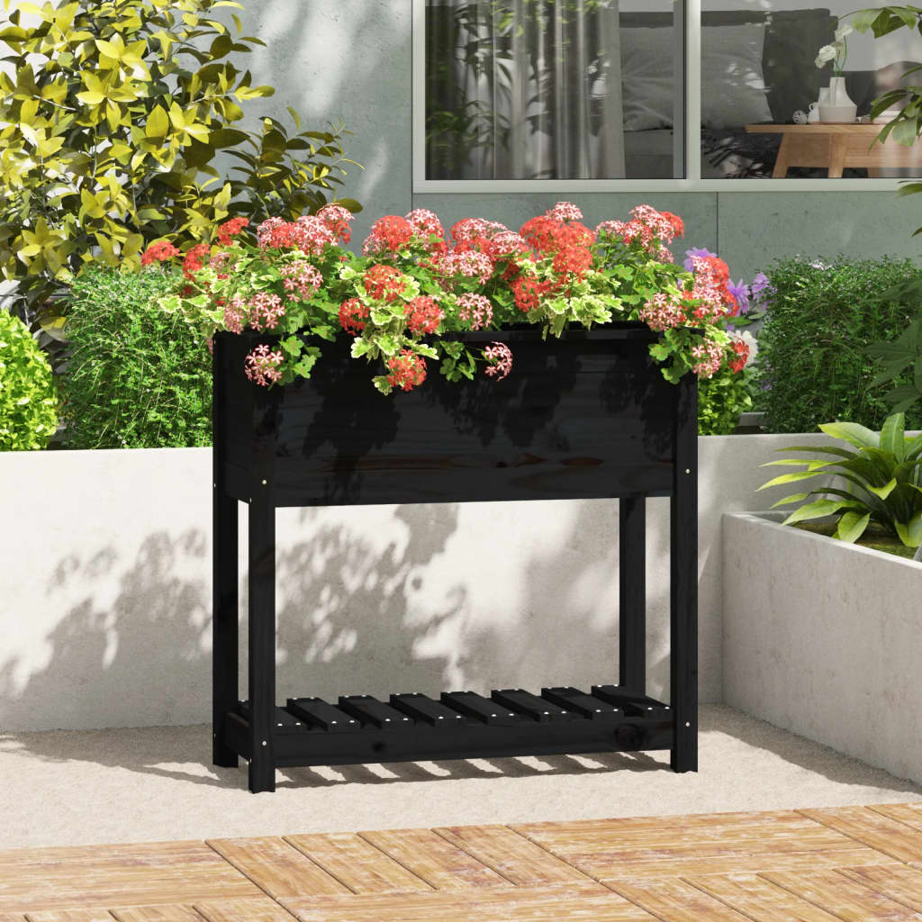 Jardinera Con Estante Madera Maciza Pino Negro 82,5x34,5x81 Cm_1