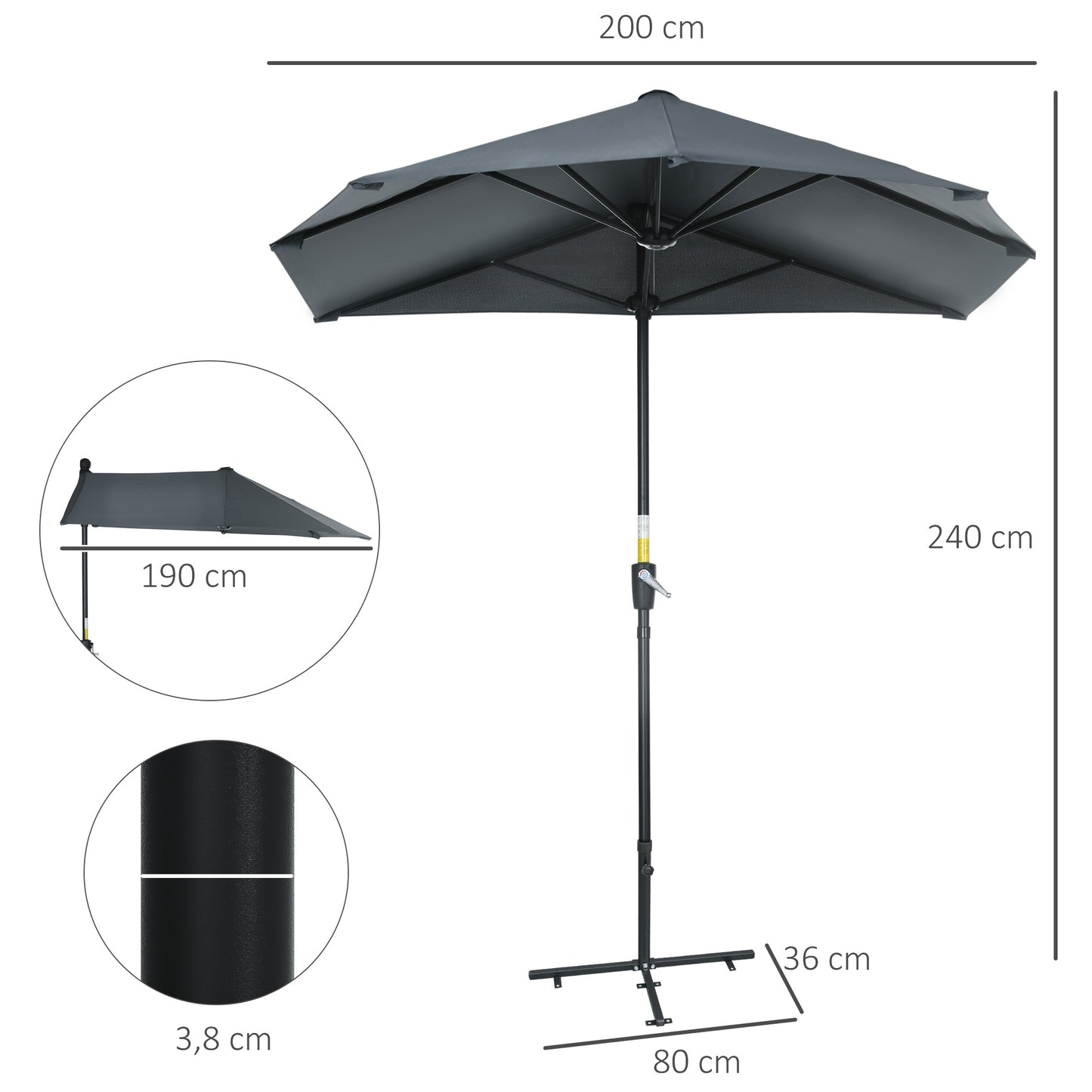 Outsunny Sombrilla De Pared Jardín 200x190x240cm Con Manivela Para Terraza Gris_2