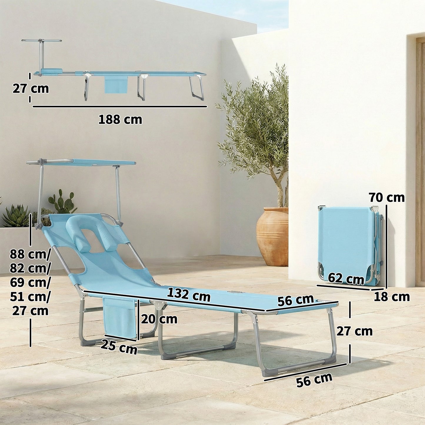 Outsunny Set De 2 Tumbonas Plegables Reclinables Con Dosel 360° Orificio Facial_2