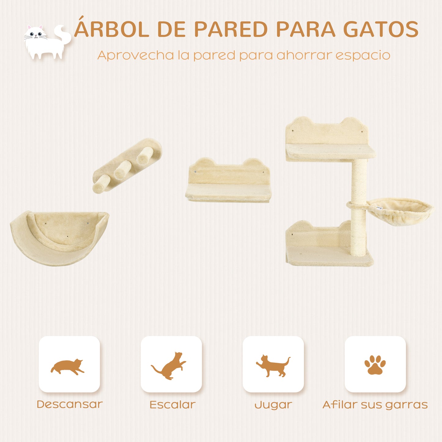 Pawhut Estante De Escalada Para Gatos De Pared Con Hamaca Nido Plataformas Beige_3