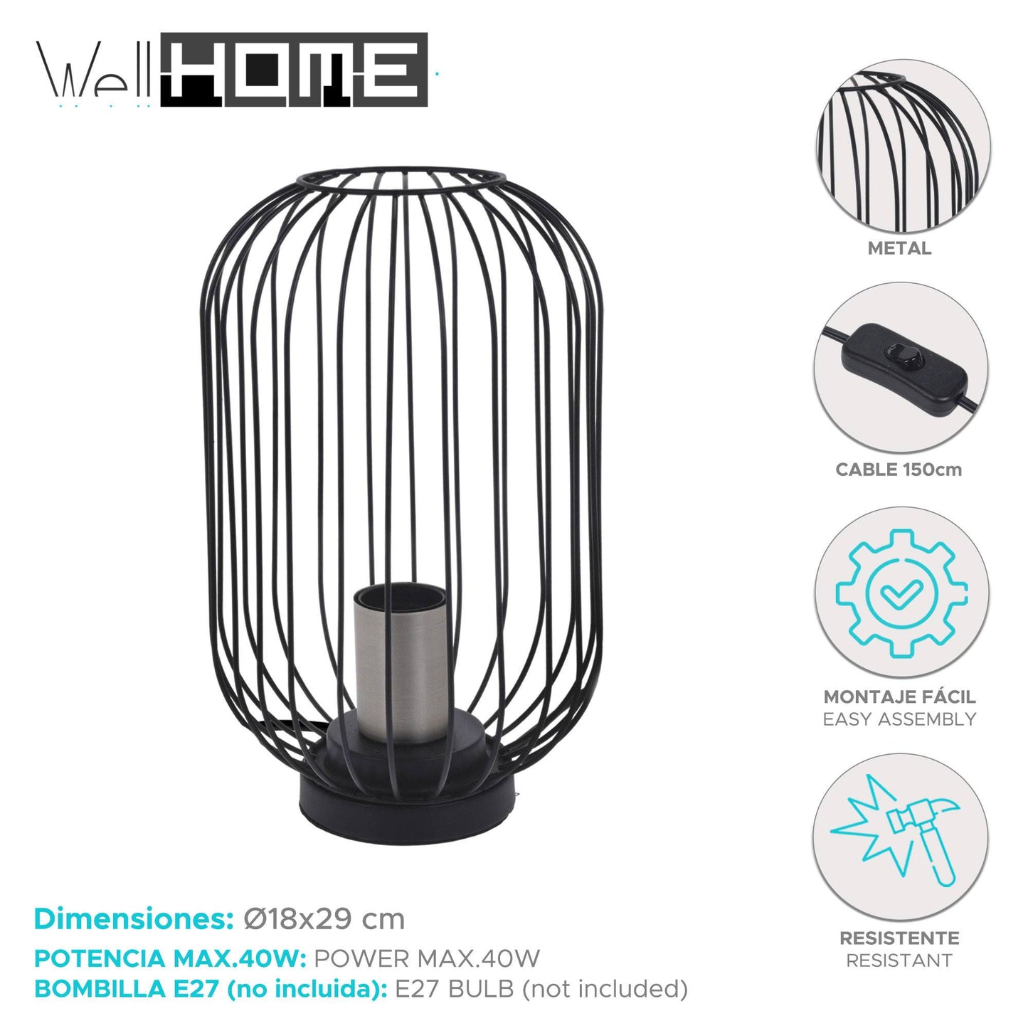 Well Home Lampara De Mesa Color Negro En Metal Ø18x29cm_1