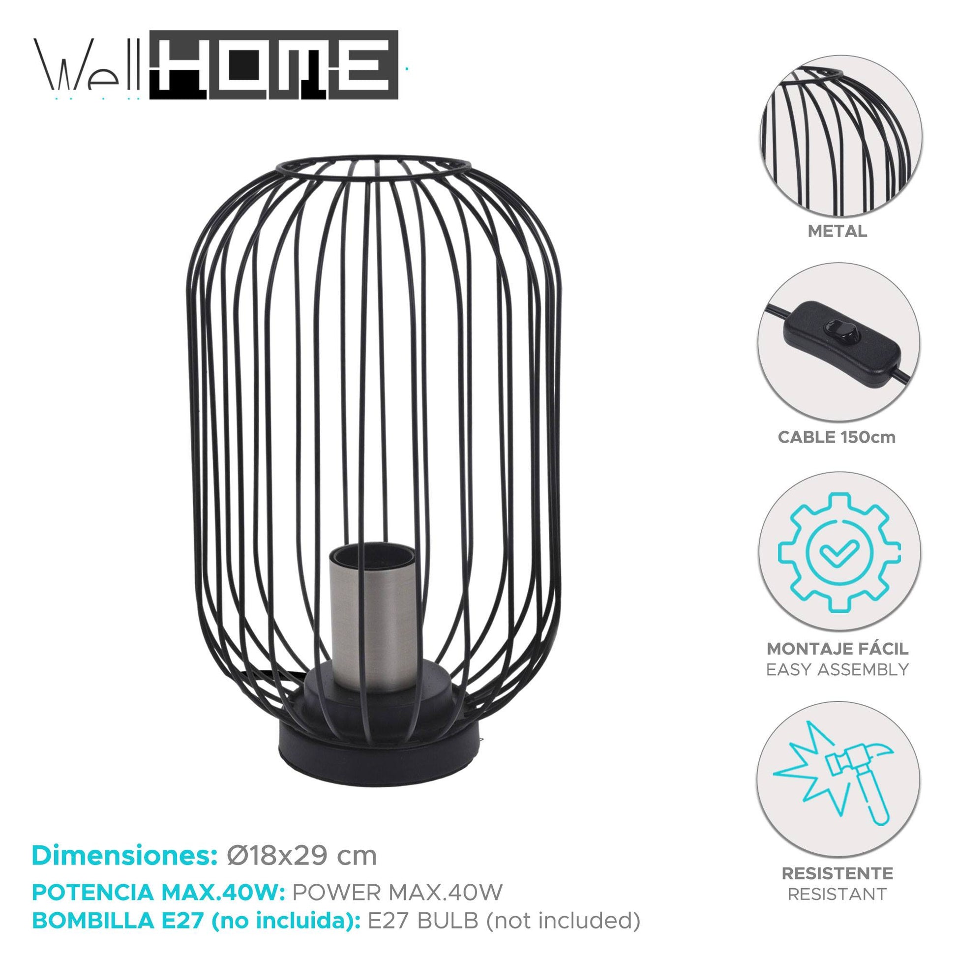 Well Home Lampara De Mesa Color Negro En Metal Ø18x29cm_1