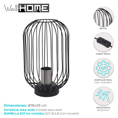 Well Home Lampara De Mesa Color Negro En Metal Ø18x29cm