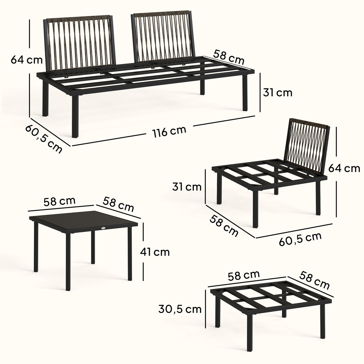 Muebles De Jardín Outsunny Metal, Poliéster Gris Claro 116x60.5x64 Cm_2