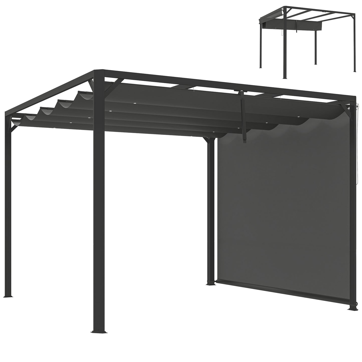 Outsunny Pérgola De Jardín 3x3 M Con Techo Retráctil Y Pared Lateral Enrollable_0