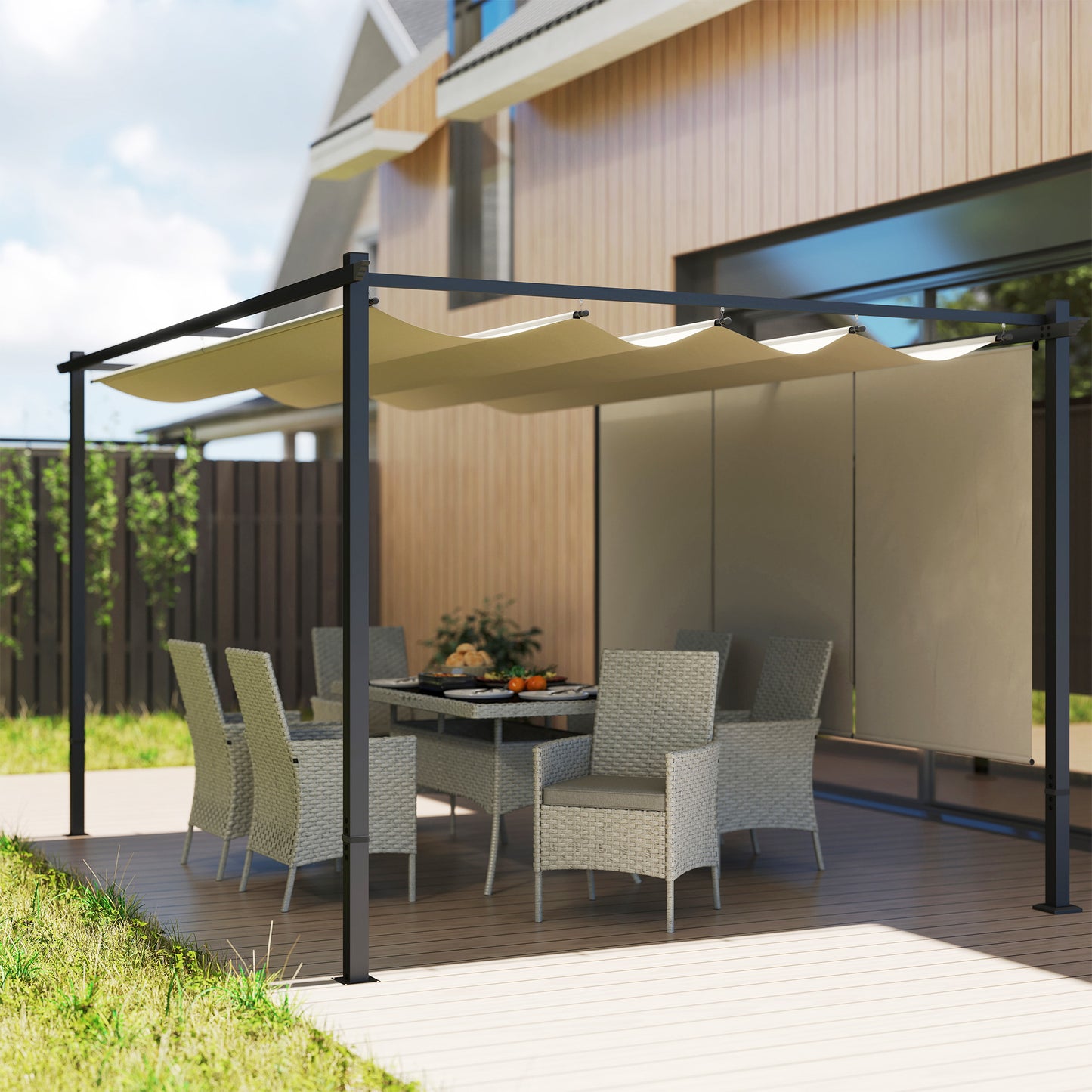 Outsunny Pérgola 4x3 M Con Techo Retráctil Y Laterales Enrollables Beige_3