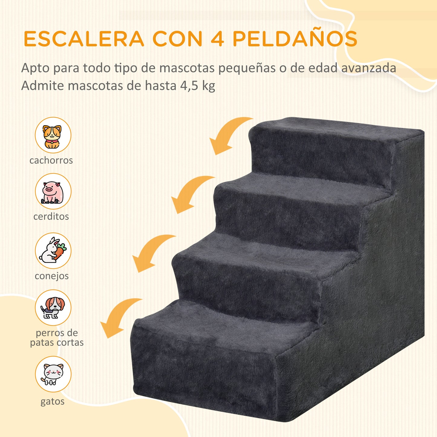 Pawhut Escalera Para Perros De 4 Peldaños Con Funda Extraíble 60x35x44 Cm Gris_3