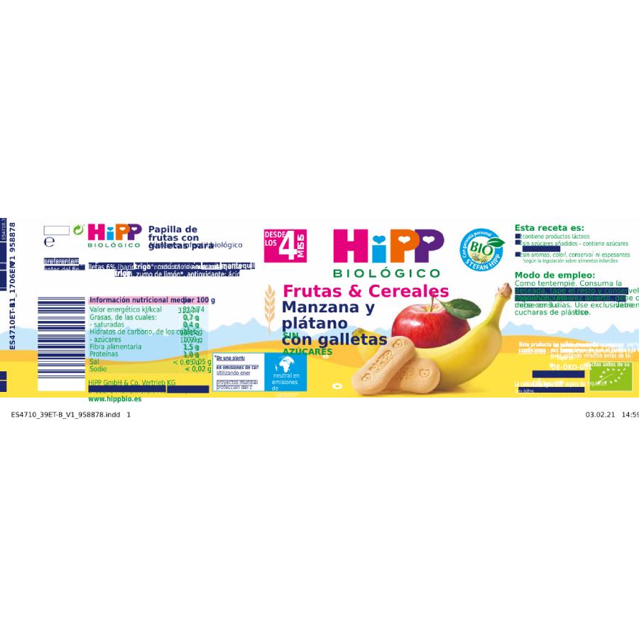 Tarrito Biológico de Manzana y Plátano con Galletas +4 Meses HiPP 190 g
