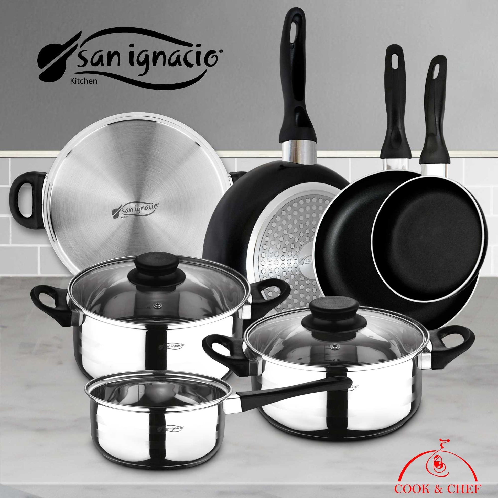 San Ignacio - Top Kitchen Menaje: Pack De 3 Sartenes + Batería De Cocina 5 Piezas_1