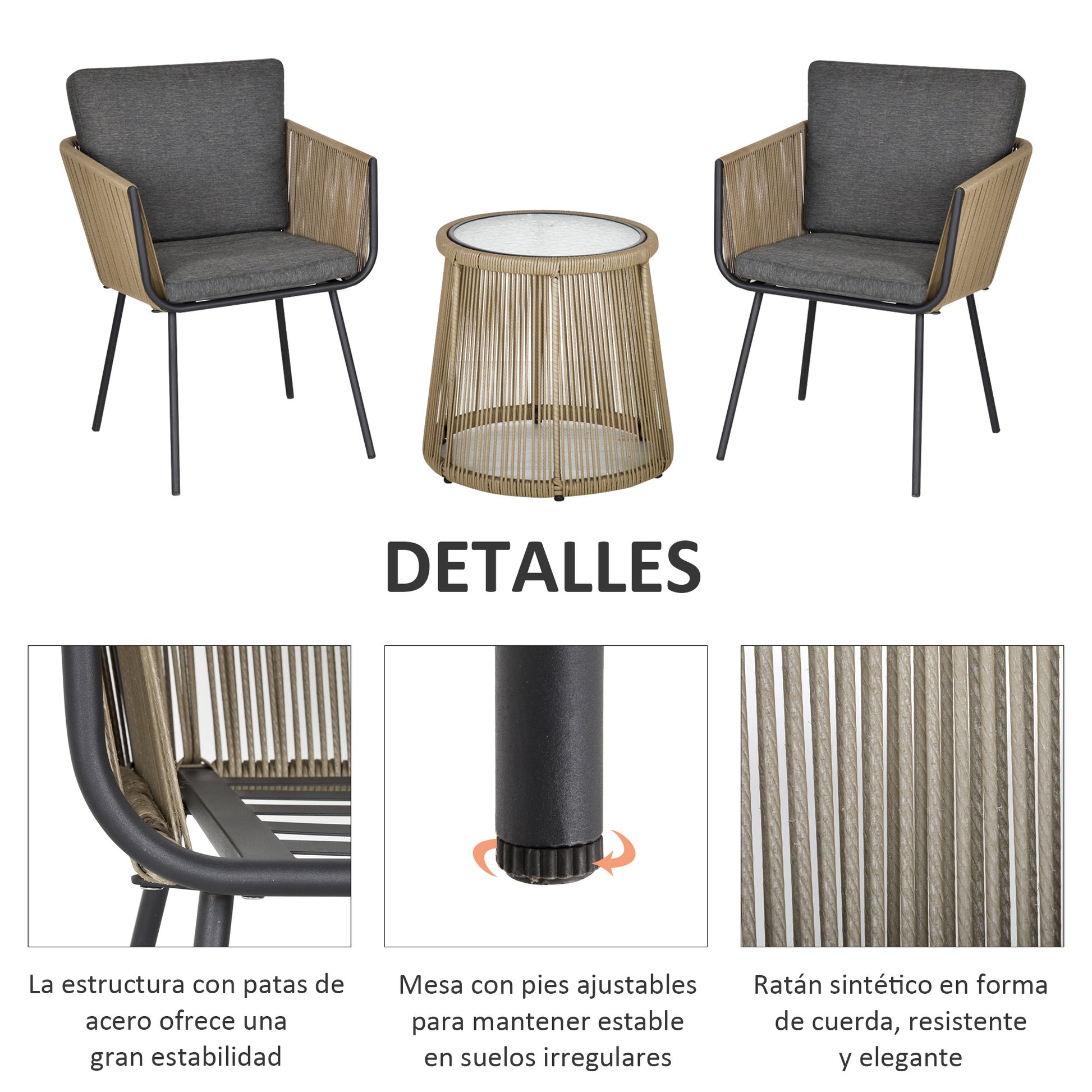 Outsunny Conjunto De Muebles De Ratán 1 Mesa Redonda Y 2 Sillas Con Cojines_3