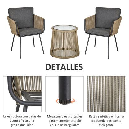 Outsunny Conjunto De Muebles De Ratán 1 Mesa Redonda Y 2 Sillas Con Cojines_3