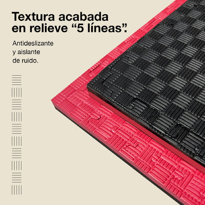 Tatami Puzzle 2,5cm 100x100cm, Pack 4 Unidades – Superficie 5 Líneas Negro/rojo Jowy_3