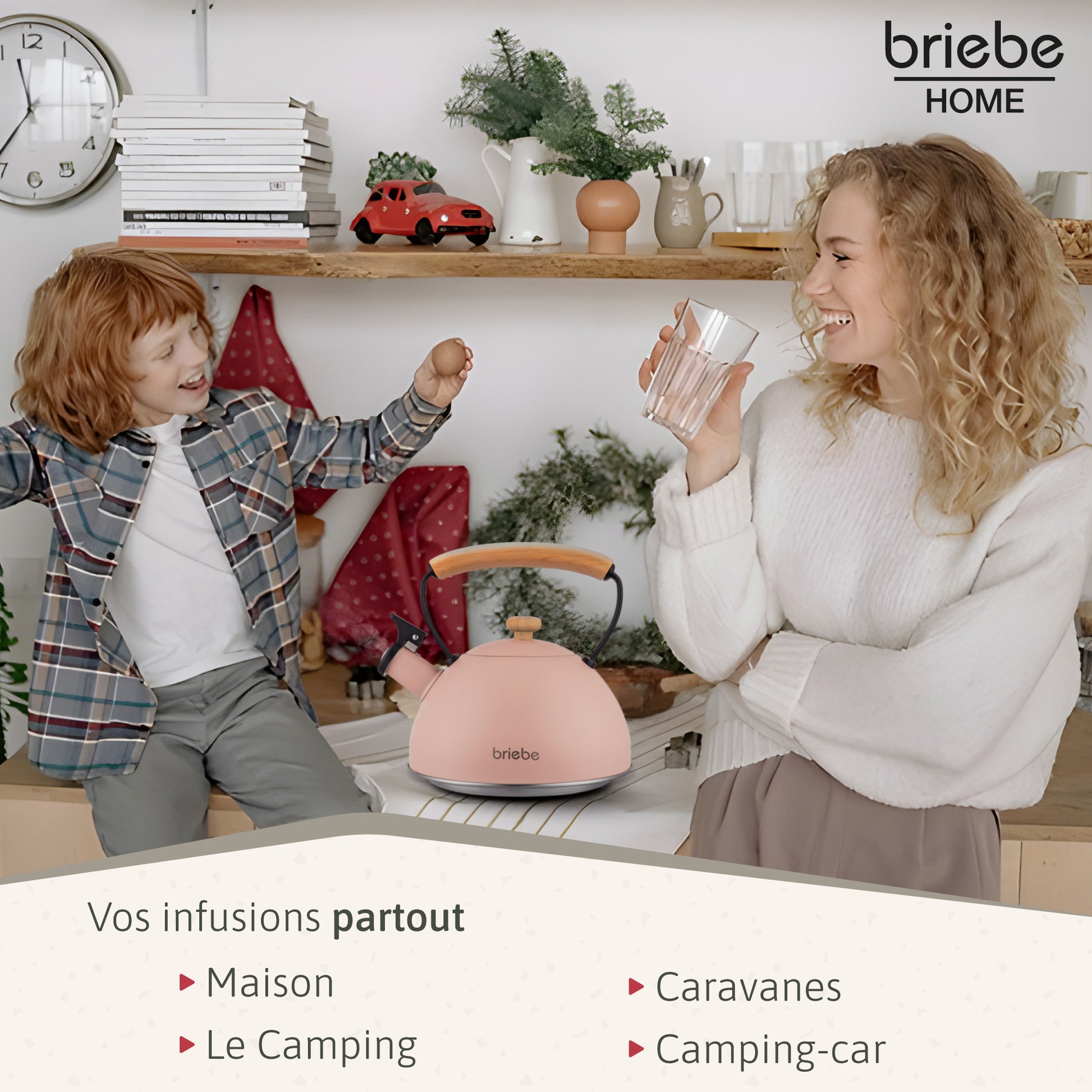 Briebe Tetera Con Silbato, Hervidor De Agua 2,3l, Inducción, Acero Inox, Vintage, Mango Madera, Pastel, Rosa_4