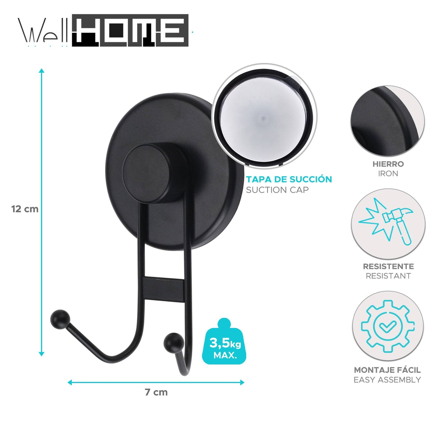 Gancho De Hierro Con Abs Y Tapa De Succión Color Negro - Well Home_1