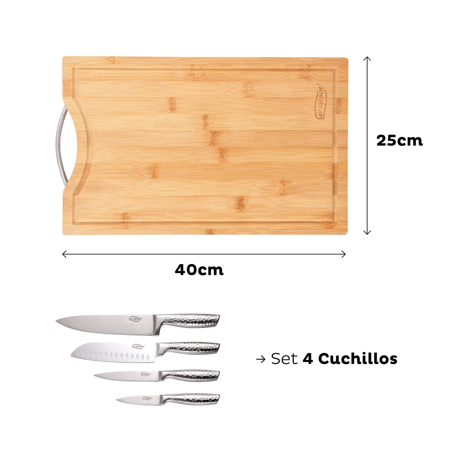 Set De 4 Cuchillos De Cocina Y Tabla De Cortar De Bambú San Ignacio_1