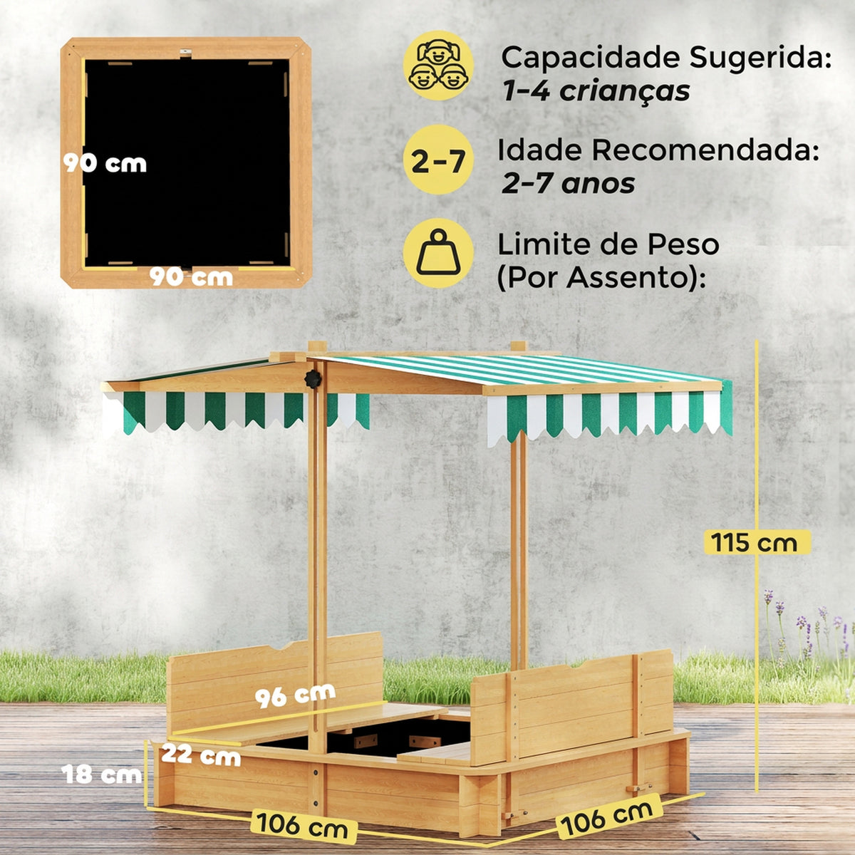 Arenero Para Niños Outsunny Madera De Abeto, Poliéster Madera Natural 106x106x121 Cm_2
