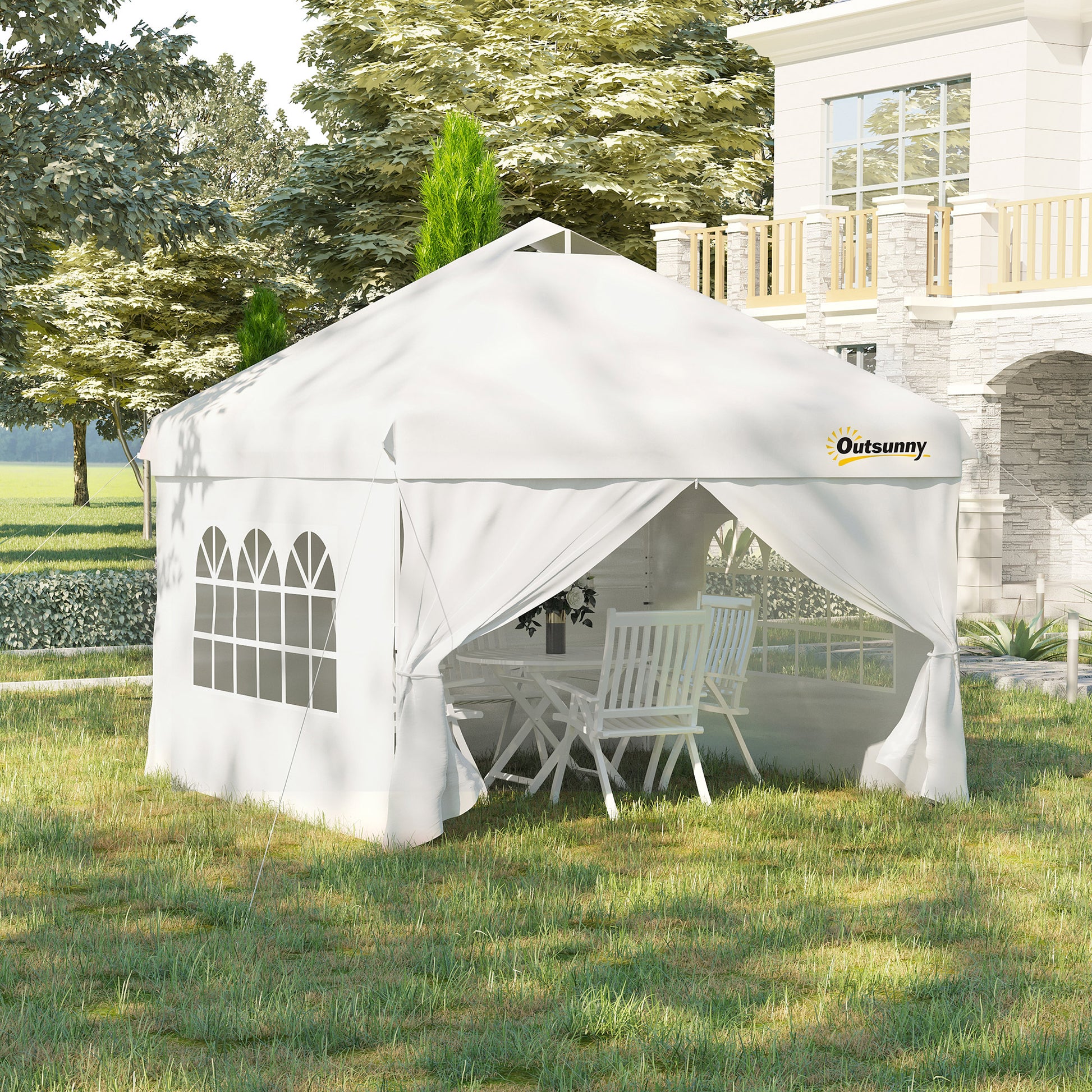 Outsunny Cenador De Jardín 3x3m Con Altura Ajustable 4 Paredes Extraíbles Blanco_1