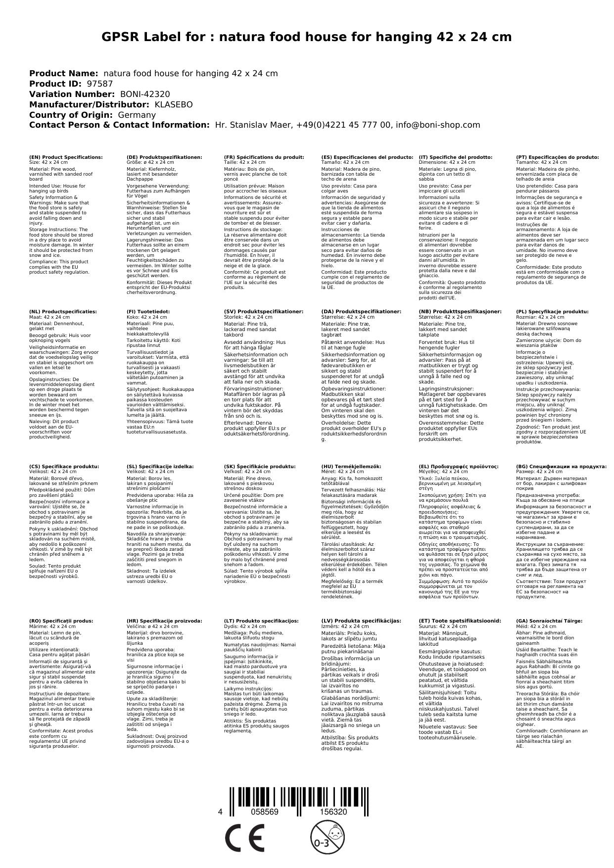 Comedero Para Pájaros Colgante De Madera De Pino, 42x24cm