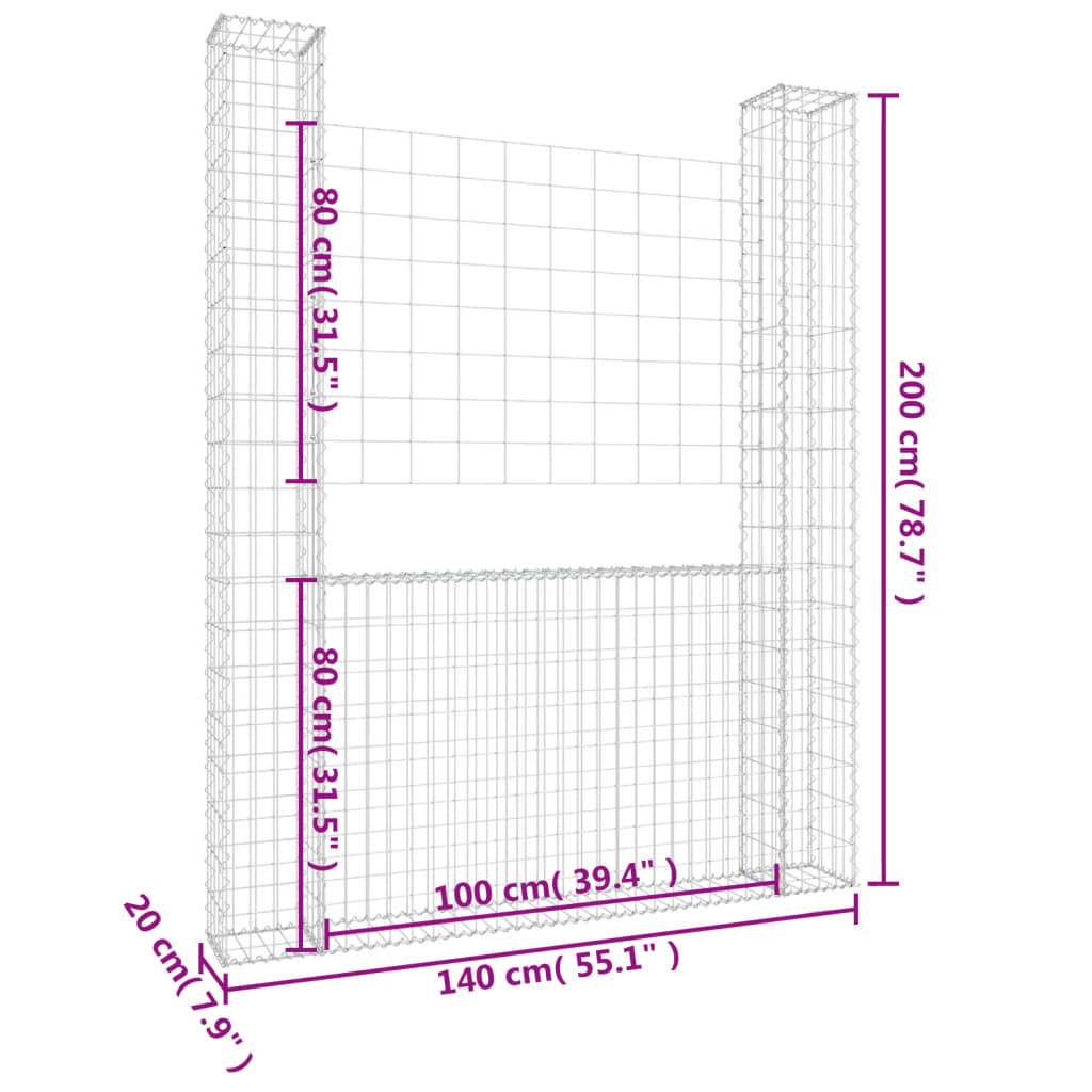 Cesta De Gaviones Forma De U 2 Postes De Hierro 140x20x200 Cm / Vetonek_4