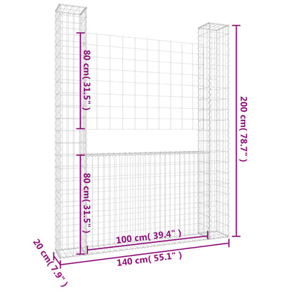 Cesta De Gaviones Forma De U 2 Postes De Hierro 140x20x200 Cm / Vetonek_4