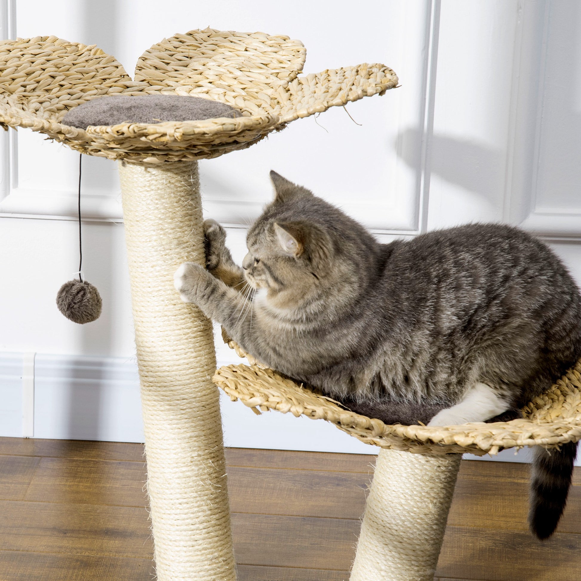 Pawhut Árbol Rascador Para Gatos Mediano 69 Cm Con Cama De Flores Poste De Sisal_3