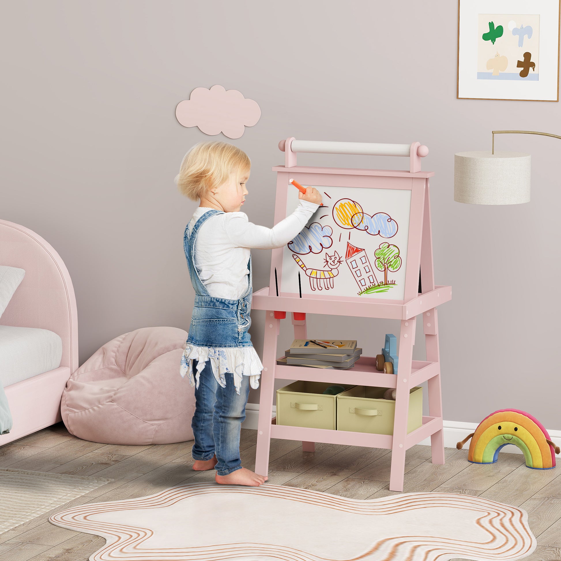 Aiyaplay Pizarra Infantil Caballete 3 En 1 Con Rollo De Papel Y Cestas Rosa_1