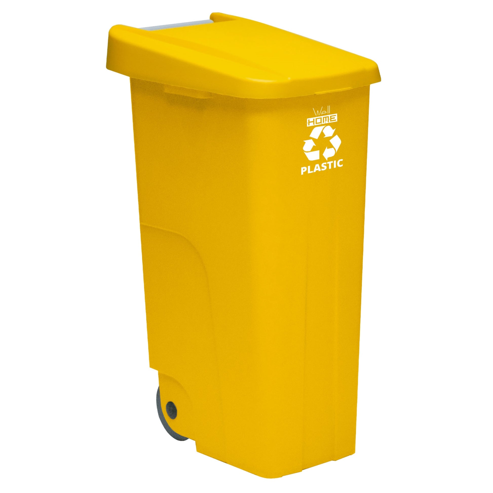 Contenedor - Cubo De Basura Wellhome Reciclo 110l, Color Amarilllo Cerrado Con Tapa, Ideal Para Reciclaje De Plásticos, Con Ruedas