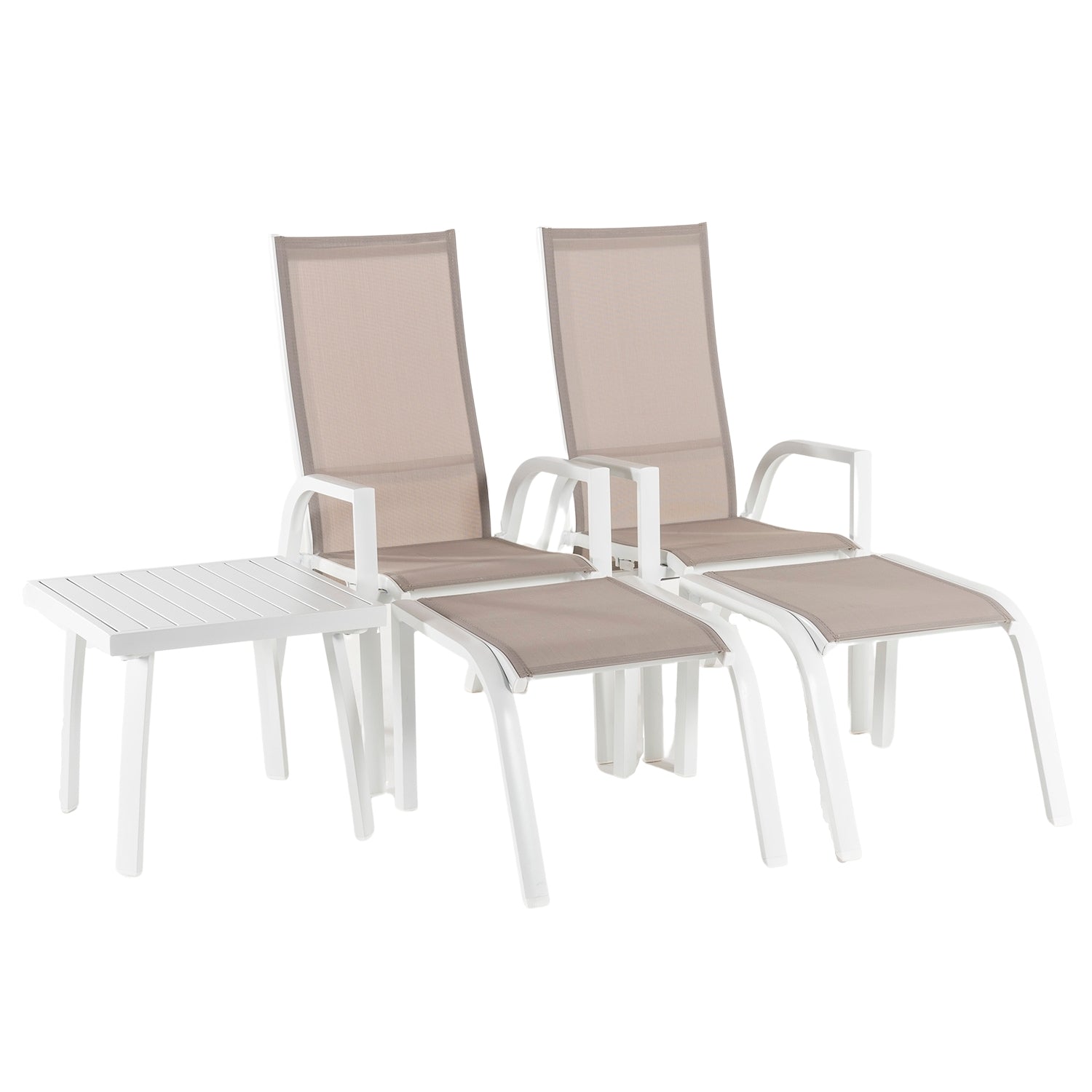 Conjunto De Terraza, 2 Sillones Reclinables + 2 Reposapiés + 1 Mesita Auxiliar, Aluminio Reforzado Blanco Y Textilene 2x2 Taupé_0