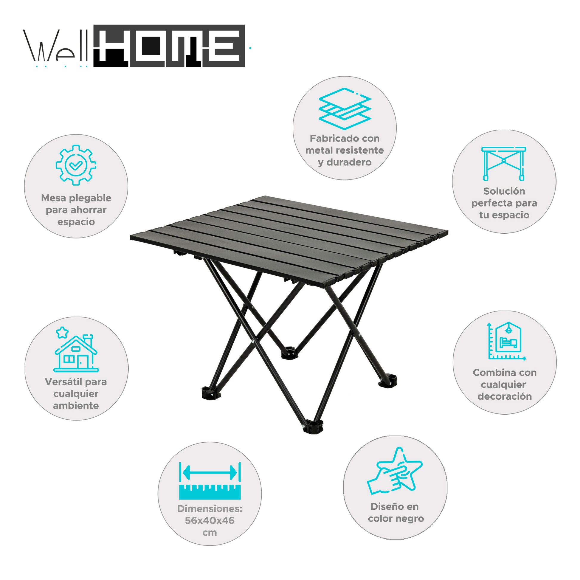 Well Home Mesa Plegable En Metal Color Negro 56x40x46cm