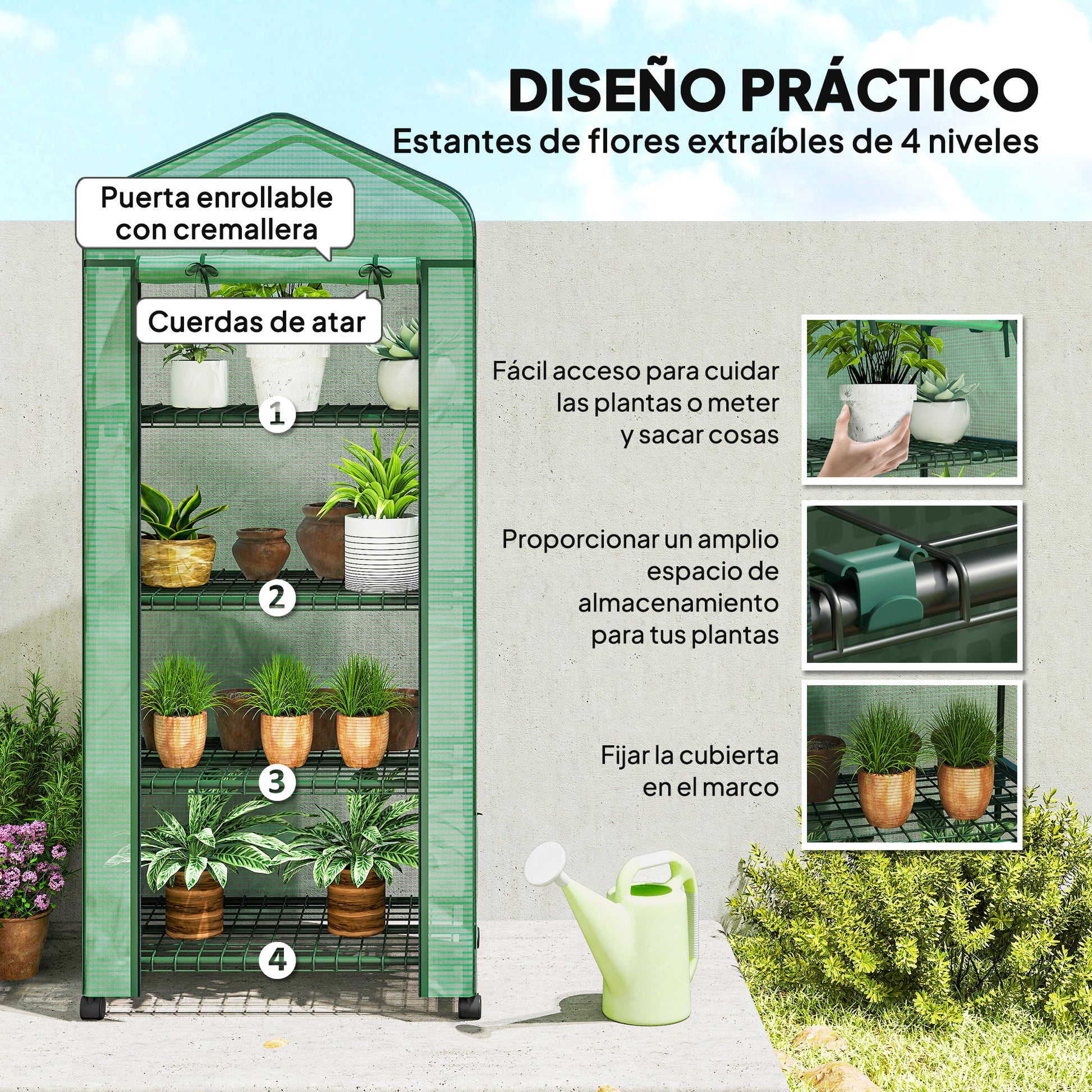 Outsunny Invernadero De Exterior Con 4 Estantes Ruedas Y Cubierta De Pe Verde_5